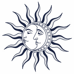 Celestial sun and moon faces with radiating rays cosmic