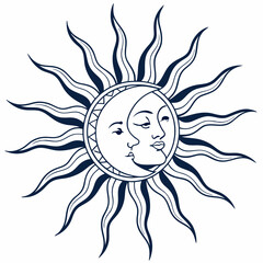 Celestial sun and moon faces with wavy rays astrology