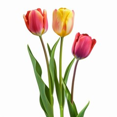 Naklejka premium Three colorful tulips standing tall against a bright white backdrop