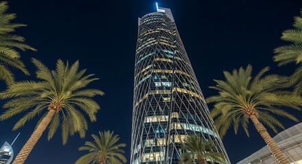 Modern Skyscraper and Palm Trees Under Night Sky Architectural Photography.