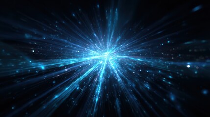 Naklejka premium Abstract burst of vibrant blue light flares radiating from the center with subtle streaks and ray beams, creating a futuristic glow on a dark background
