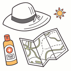Sun hat sunscreen map and sun travel vacation