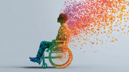 Abstract image of a person in a wheelchair, created from colorful butterflies and shapes.