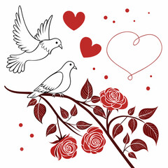 Doves hearts and roses on a branch leaves