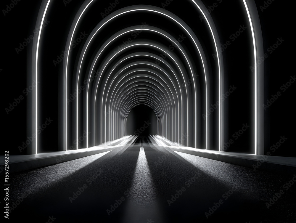 Aufkleber illuminated tunnel with arches in modern dark architecture structure