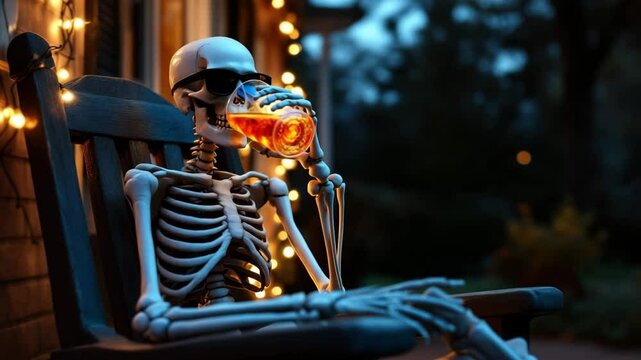 A skeleton wearing sunglasses sits on a porch, holding a drink. The scene is illuminated by Halloween lights, creating a festive atmosphere.
