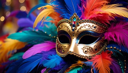 Vibrant carnival mask adorned with colorful feathers evokes the spirit of festive celebration and vibrant masquerade