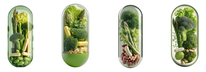 Set of various Medical capsule, broccoli, asparagus and lettuce isolated on transparent background