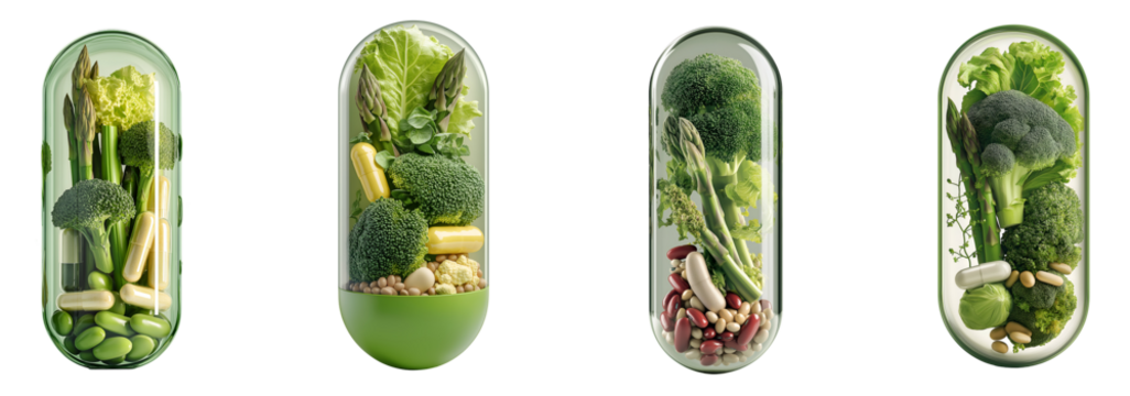 Set of various Medical capsule, broccoli, asparagus and lettuce isolated on transparent background - Powered by Adobe
