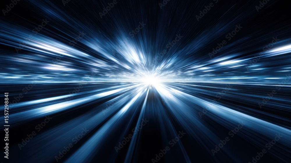 Poster abstract blue light streaks moving in parallel lines, forming a futuristic speed tunnel effect with 