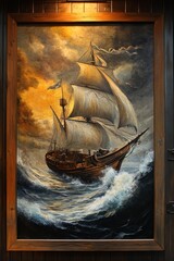Maritime Majesty, An antique painting of a majestic ship sailing tempestuous seas