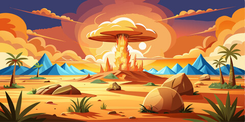 Cartoon illustration A huge explosion forms a giant mushroom cloud in the middle of a barren desert, as a form of design idea support effect
