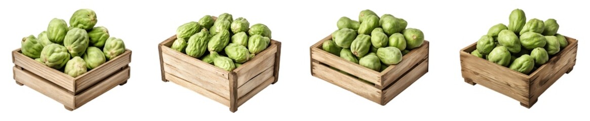 Set of various wooden box full of chayote isolated on transparent background
