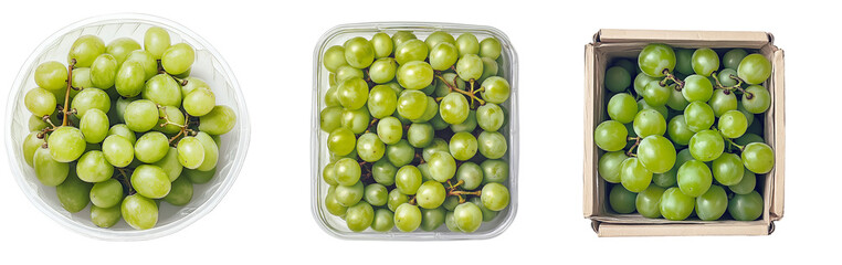 Set of various table grapes in an open basket isolated on transparent background