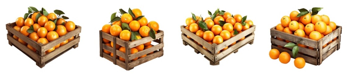 Set of various wooden box filled with oranges isolated on transparent background