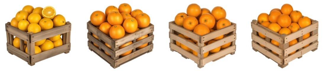 Set of various wooden box filled with oranges isolated on transparent background