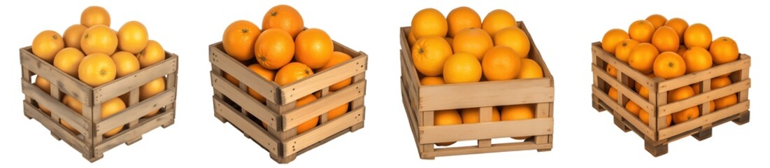 Collection of various wooden box filled with oranges isolated on transparent background