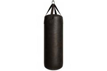 Black leather punching bag hanging, isolated on transparent background, ready for your next workout montage