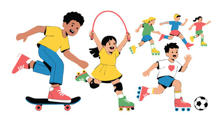 Cartoon Children Skateboarding, Roller Skating, Jumping Rope and Playing Soccer on a White Background