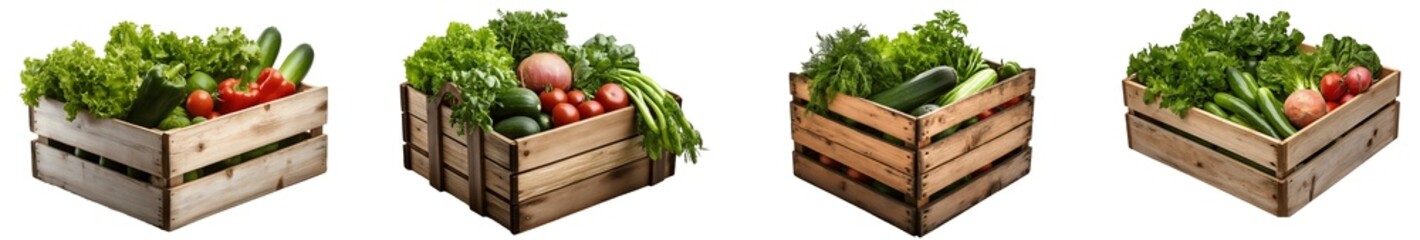 Set of various wooden box with vegetables isolated on transparent background
