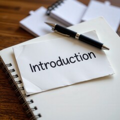 Close-Up of Introduction Note Card with Pen on Wooden Table and Notebooks in the Background