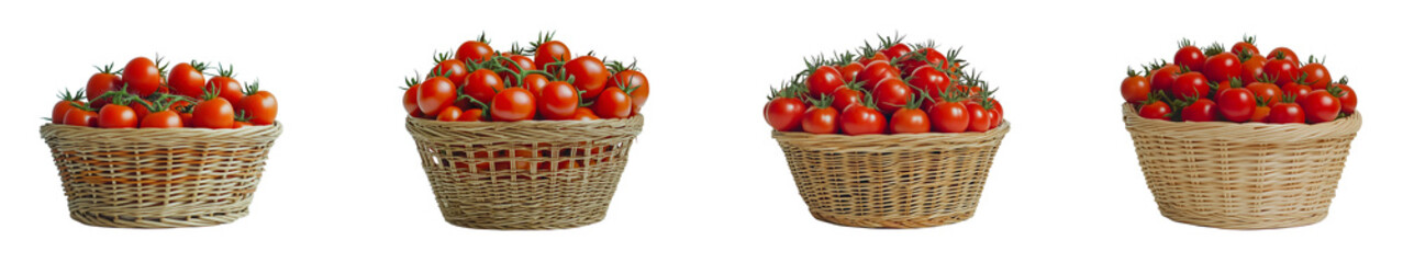 Set of various Large basket of red tomatoes isolated on transparent background