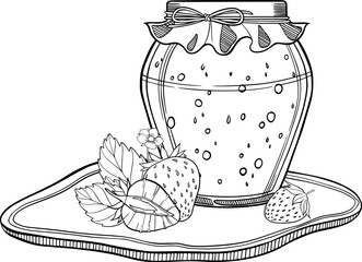 A clipart with vector strawberries and jam in a glass jar on a stand.