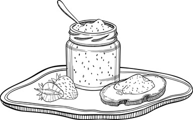 Vector composition with strawberry jam in a jar, a sandwich with jam and strawberries.
