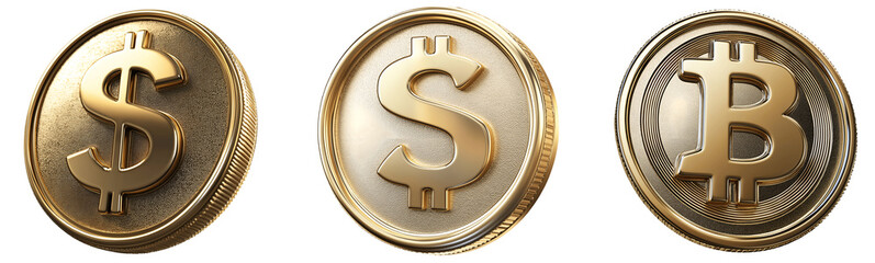 Set of various 3D rendering of a gold coin with a dollar sign ($) isolated on transparent background