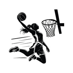 Dynamic silhouette of a female basketball player dunking the ball in action