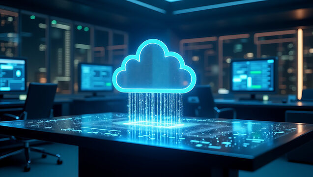 Futuristic Cloud Computing Data Rain on Command Center Table