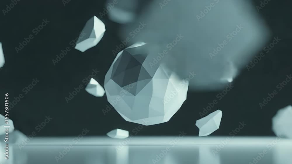Poster geometric fragmentation: abstract digital rendering of scattered, low-poly geometric shapes in shade