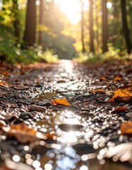 Obraz premium Macro Wet Gravel Path in Forest