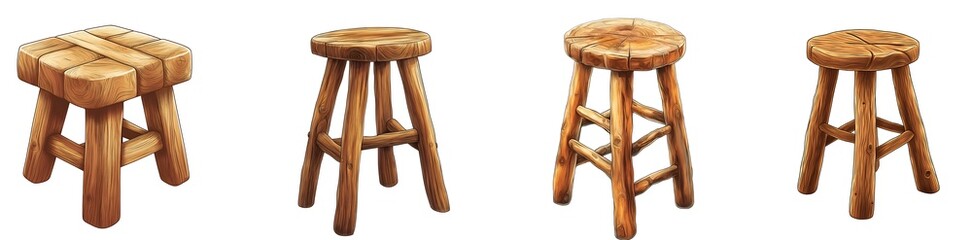 Set of various illustration of rustic wooden chair in clipart style isolated on transparent background