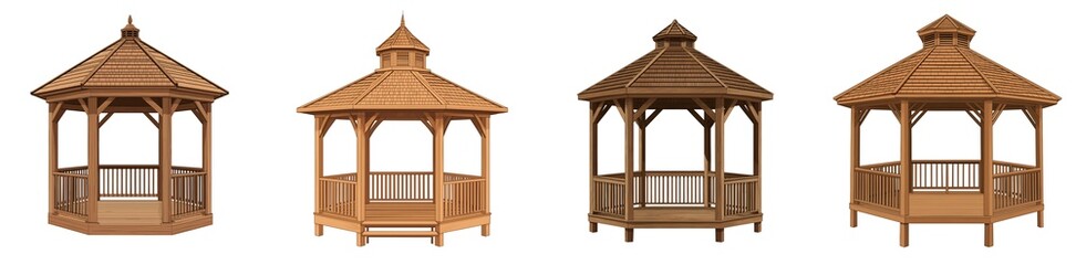 Set of various Outdoor wooden gazebo, simple 2D vector illustration isolated on transparent background