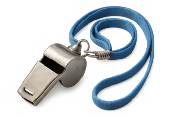 Silver classic whistle hanging from blue lanyard, professional referee accessory against transparent background