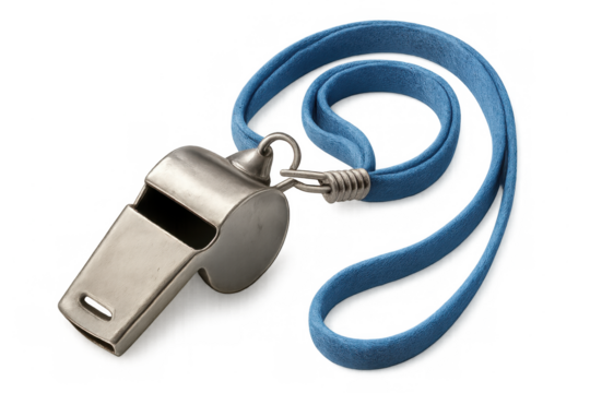 Silver classic whistle hanging from blue lanyard, professional referee accessory against transparent background