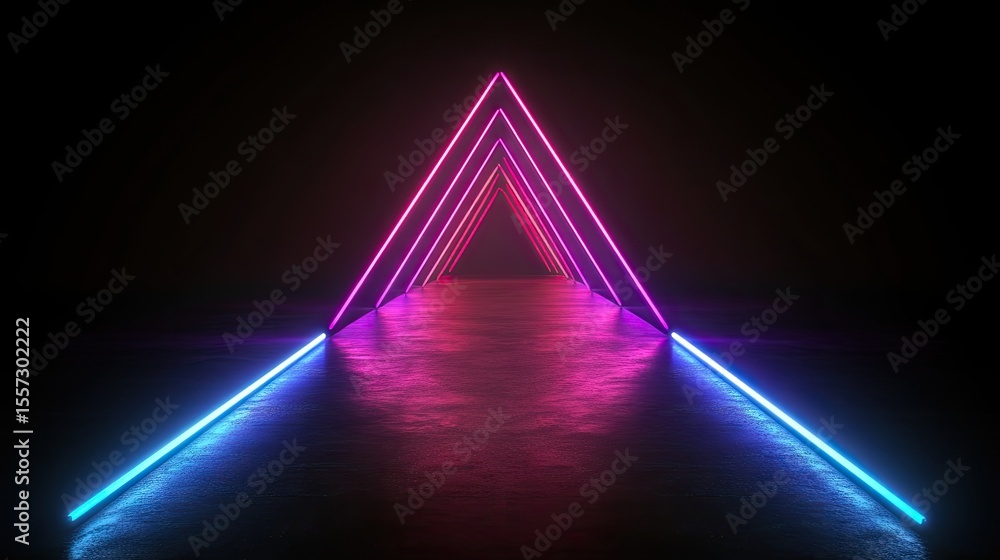 Poster neon lights create a triangular pathway on a dark floor.