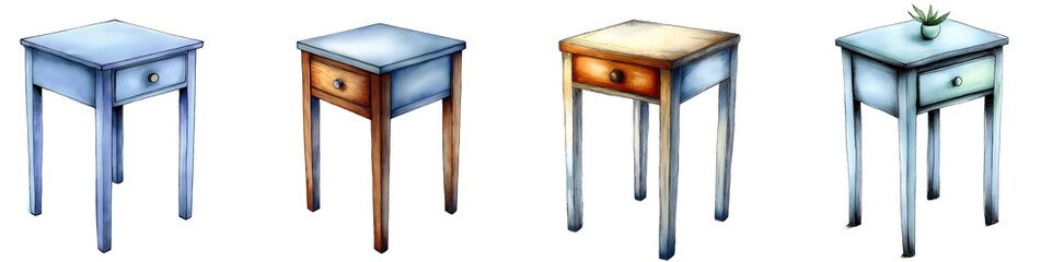 Set of various Simple watercolor coffee table isolated on transparent background