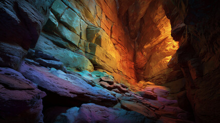 Mysterious Canyon: A vibrant, ethereal subterranean scene where impossible colors define rock layers. Liquid light flows through its depths, illuminating ancient, glowing cave drawings