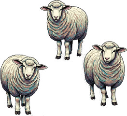 Cute and furry sheep vector illustration with 3 adorable sheep, fluffy farm animals artwork, cartoon style wooly sheep design, countryside livestock graphic for kids, prints, or educational use