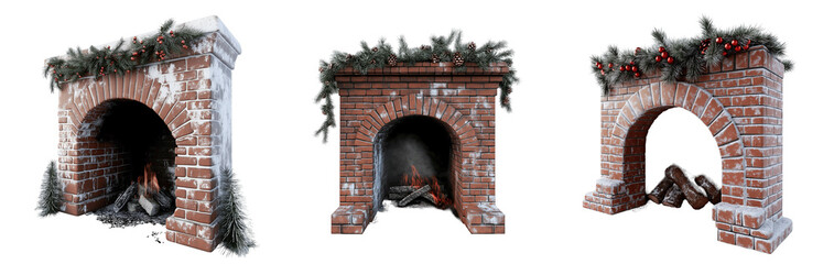 Set of various Christmas decorated red brick fireplace isolated on transparent background