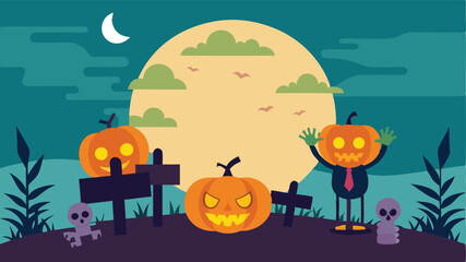 A pumpkinheaded businessman celebrates halloween by a spooky grave