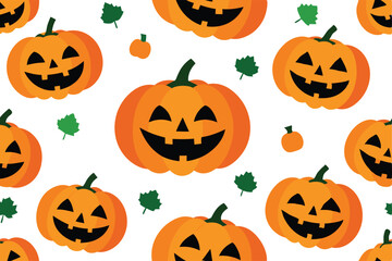 Smiling jackolanterns and leaves isolated on white background