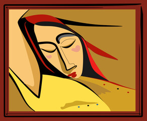 A stylized depiction of a person resting, featuring bold outlines and a warm color palette. The closed eyes and serene expression convey a sense of tranquility.