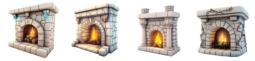 Set of various Vintage fireplace, 3d style, cartoon isolated on transparent background