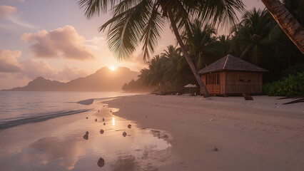Beach islands, a tropical sunset peacefully bathes a secluded beach hut. Ideal for tropical travel posters, vacation brochures, or relaxation-themed designs.
