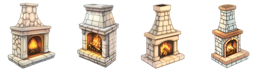 Set of various Vintage fireplace, 3d style, cartoon isolated on transparent background