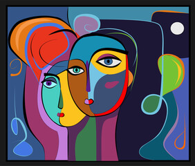 Two abstract faces are interwoven with colorful, flowing lines and shapes against a dark background. The use of vibrant reds, blues, and greens creates a striking contrast