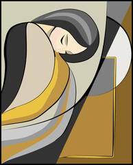 A stylized depiction of a person  is created using curved lines and geometric shapes. The color palette includes muted tones of gray, yellow, and brown, contributing to a calm and introspective mood.